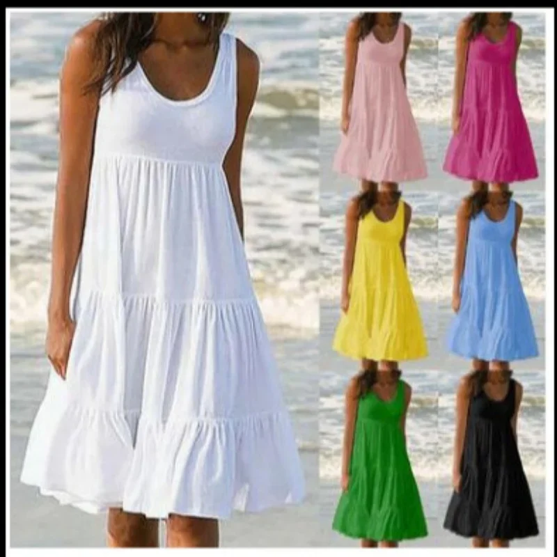 נשים bohemian צוואר מזדמנים ruffle מיני שמלה בצבע מלא צבע מוצק חוף טנק שמלה רופף גודל העליון בתוספת גודל women3029 (משלוח חינם)