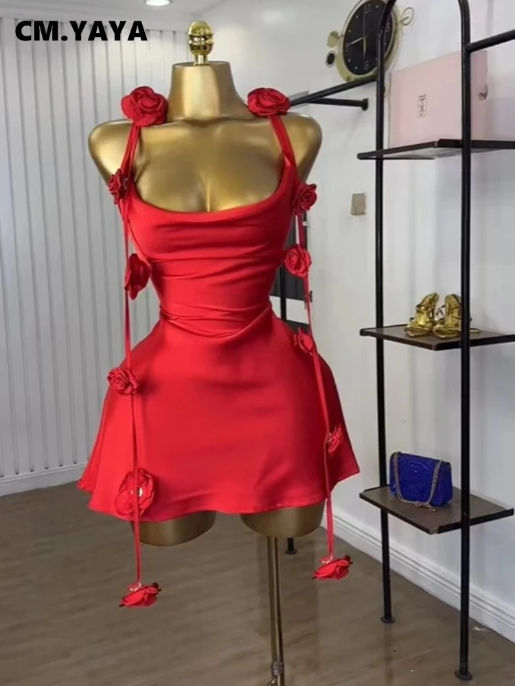 שמלת A-line מידי עם שרוולים חסרי כתפיים ואפליקציות פרחוניות לנשים CM.YAYA לקיץ 2025, לחגים, ליומולדת, למועדון ולמסיבות ערב מסוקסות (משלוח חינם)