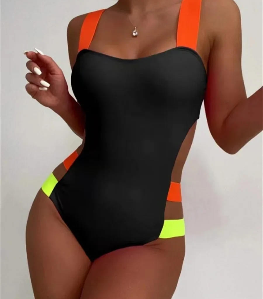 בגד ים חתיכה אחת בצבע שחור מנוגד לשנת 2025 לנשים עם רצועות נאון, חורים בגב וללא גב, מונוקיני קיץ, בגד ים פטצ'וורק