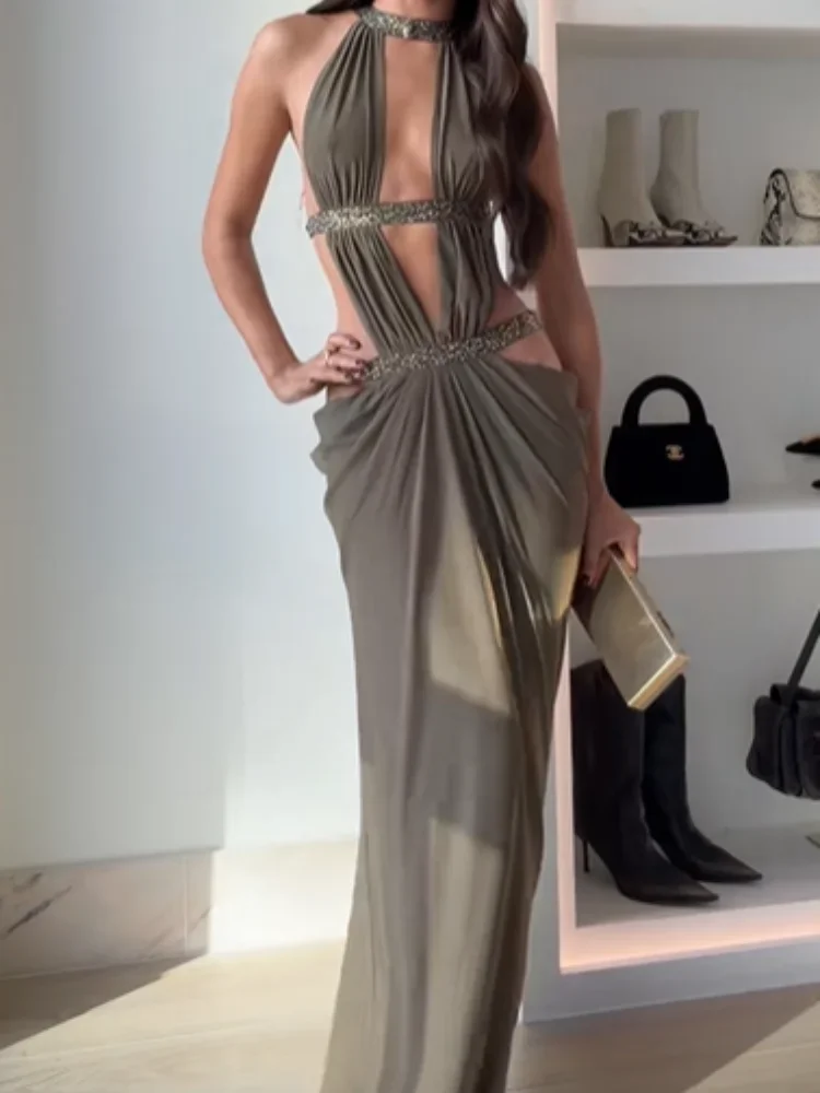 שמלת הלטר סקסית ללא גב עם פנינים לנשים, ללא שרוולים, עם כתפיים חשופות, חורים מקופלים, שמלות מקסי חדשות לאירועי ערב לנשים