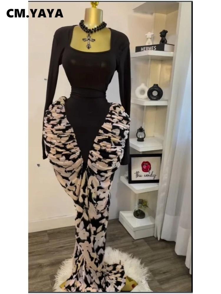 שמלת מידי מקסי עם שרוולים ארוכים וגזרה צמודה לגוף, עם הדפס פטשוורק לנשים מבית CM.YAYA. מתאימה לחגיגת יומולדת או חגיגה מינית בשנת 2025. (משלוח חינם)