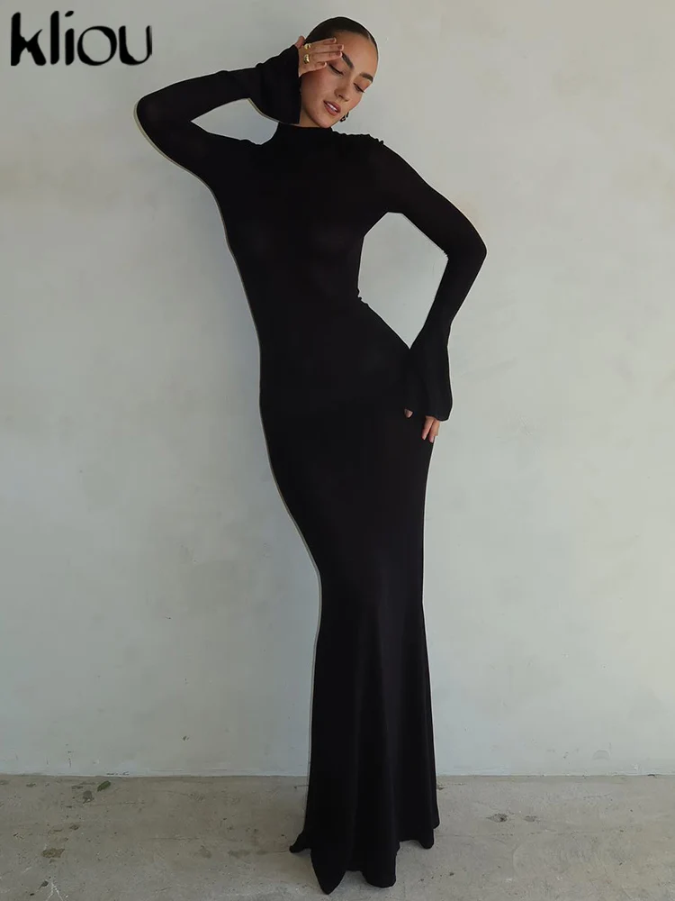 שמלת מקסי גבוהה קלאסית לנשים עם גב מחורר, אלגנטית למסיבות ערב, שרוול ארוך, מפתח עגול, צמודה ומחמיאה לגוף (משלוח חינם)