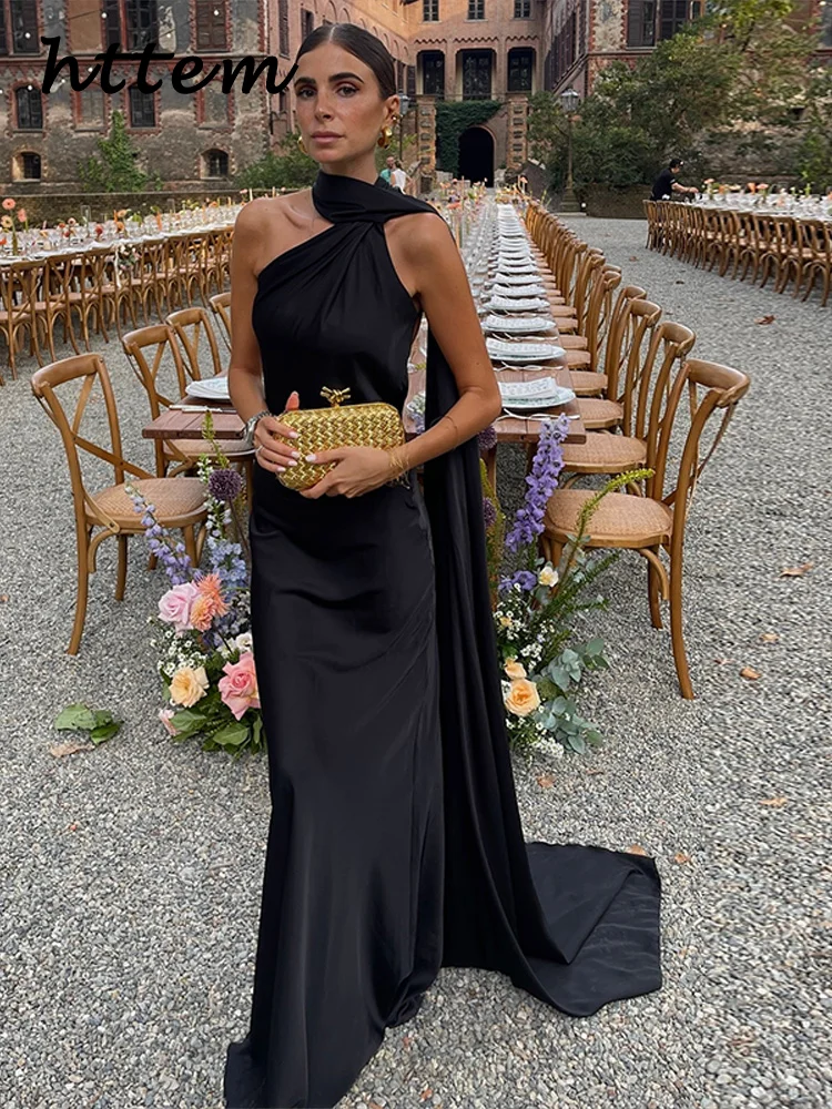 שמלת חגיגה ארוכה מבד סאטן עם סרט אלגנטי לנשים, צבע אחיד, ללא שרוולים וללא גב, שמלות נשים לאביב קיץ 2025, שמלות ערב מגניבות לנשים