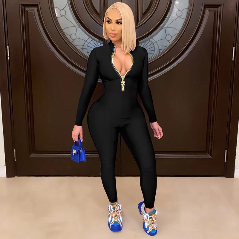 בגד גוף של נשים סרבל ארוך שרוולים רוכסן גדול נשים רזה ספורט אימון פעילות רזה ללבוש סרבלים צמרות