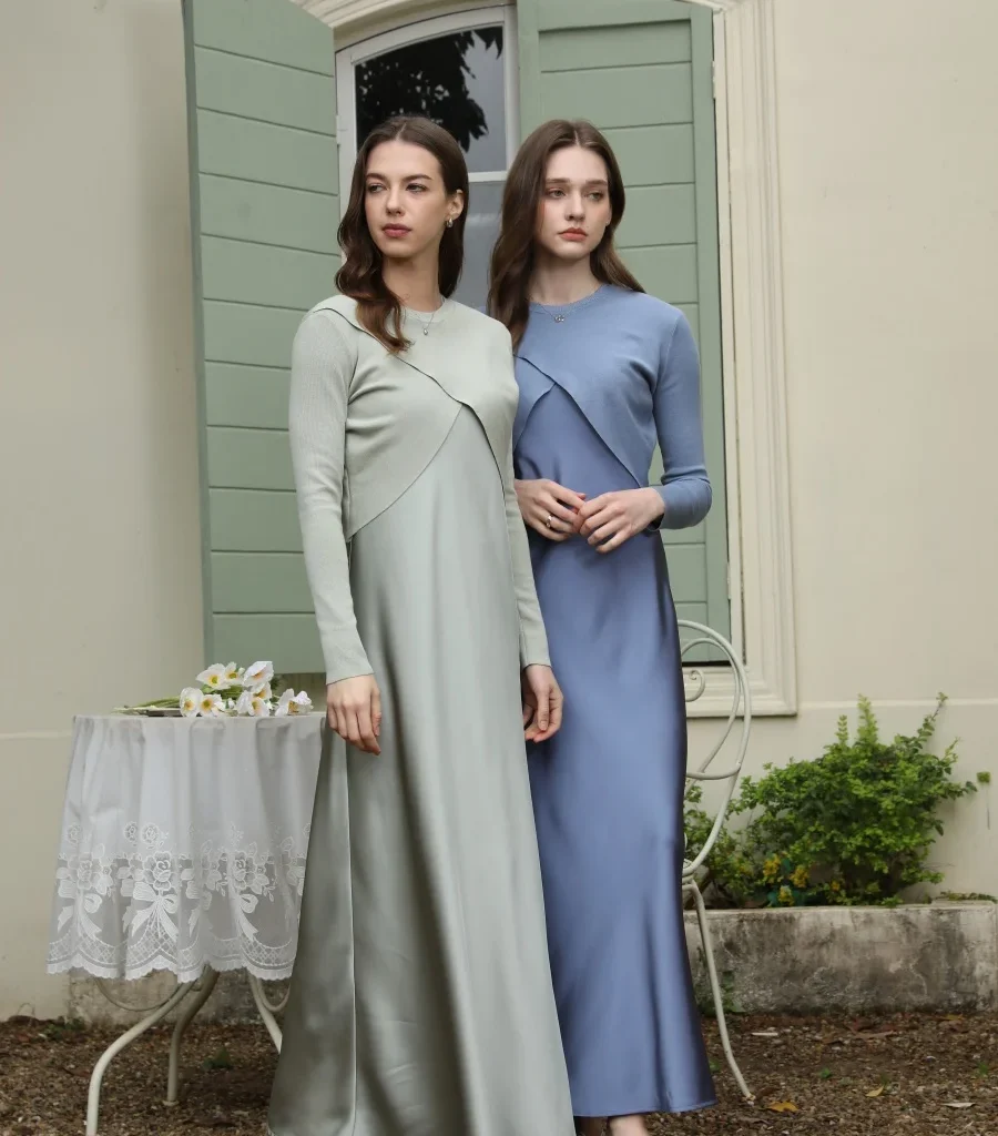 AS 2025 שמלת סאטן אלגנטית לאביב קיץ + חולצת סריגה מתאימה למעלה מקסי אורך הרצפה בגדי נשים