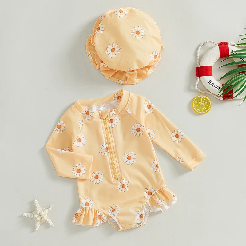 בגד ים תינוק תינוק פעוט מגן פרחים עם כובע סט רוכסן שרוול ארוך בגדי ים בגד ים בגד ים (משלוח חינם)
