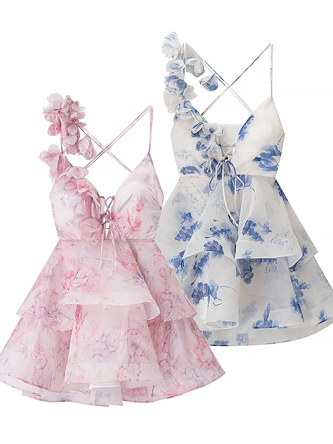 שמלת מיני בגזרת כדור עם שרוולי פוף והדפס פרחוני אלגנטי לנשים, עם מחשוף V בצורת פרחונית, מתאימה לקיץ ולחופשה בערב