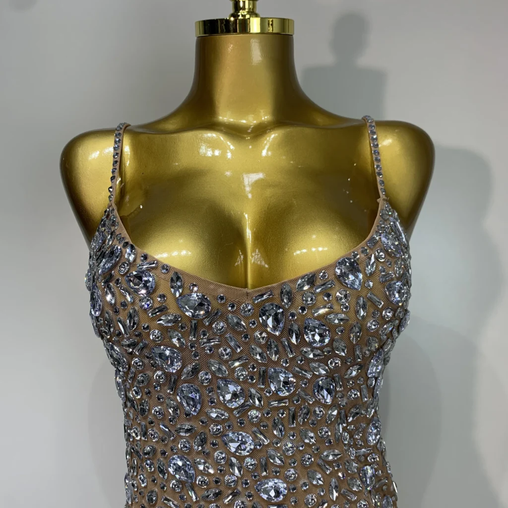 שמלת בודייקון משובצת בריינסטונים מפוארת עם רשת ראה דרך לנשים ליום ההולדת, למסיבת קוקטייל או לבמה במועדון