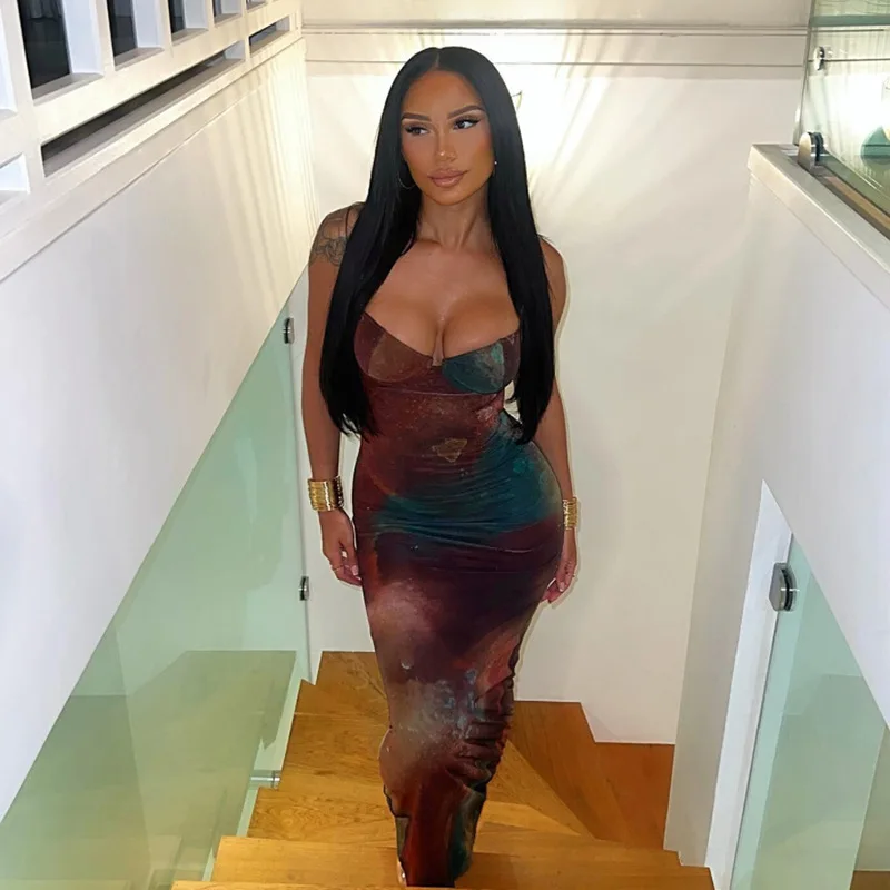 קיץ נשים הבציר עניבה הבציר צבע הדפסה מקסי שמלה סקסית חושפנית עיצוב גוף-עיצוב ספגטי אלגנטי רצועת בגד צד