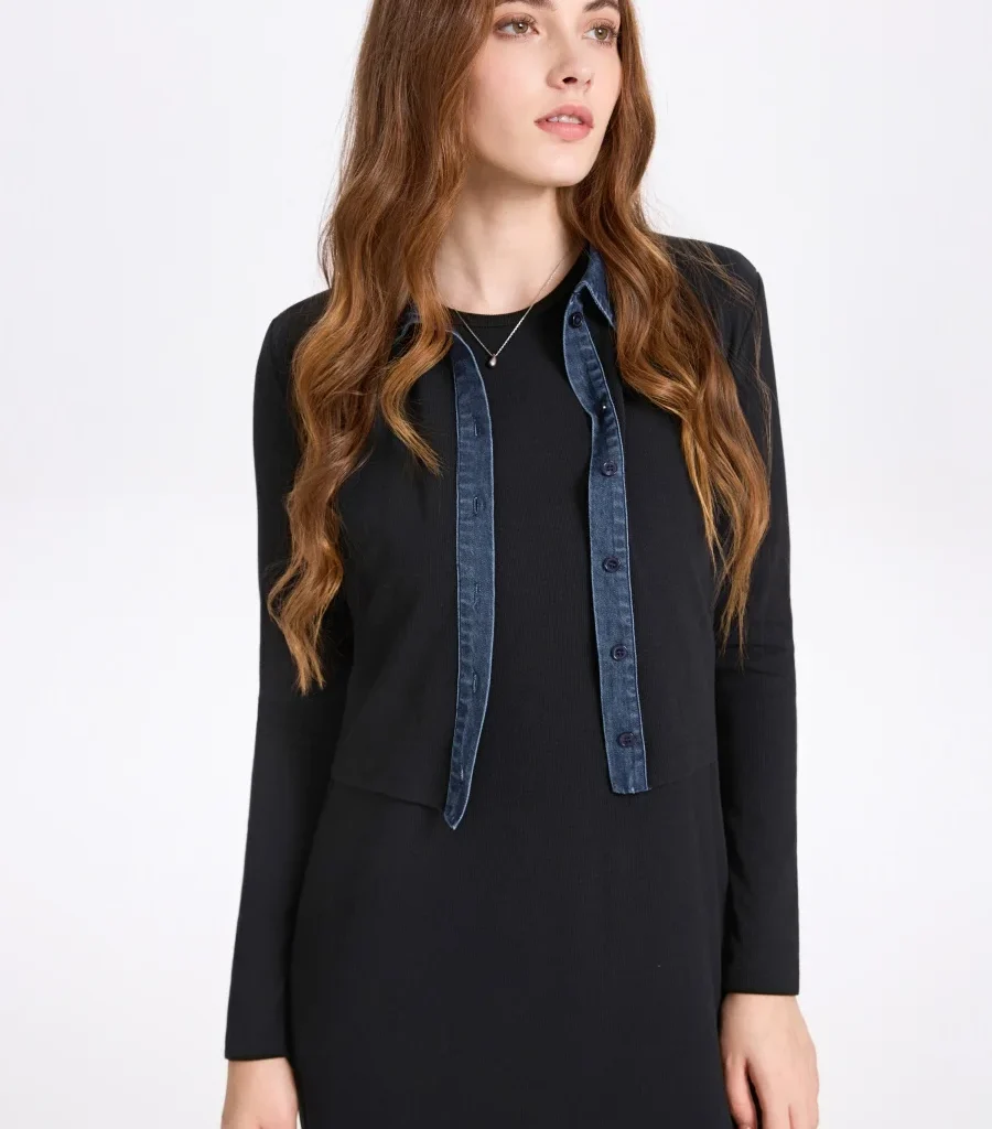 AS AW25 עיצוב חדש קרדיגן עם צווארון ג'ינס + שמלת מקסי ללא שרוולים התאמה לבגדי אישה