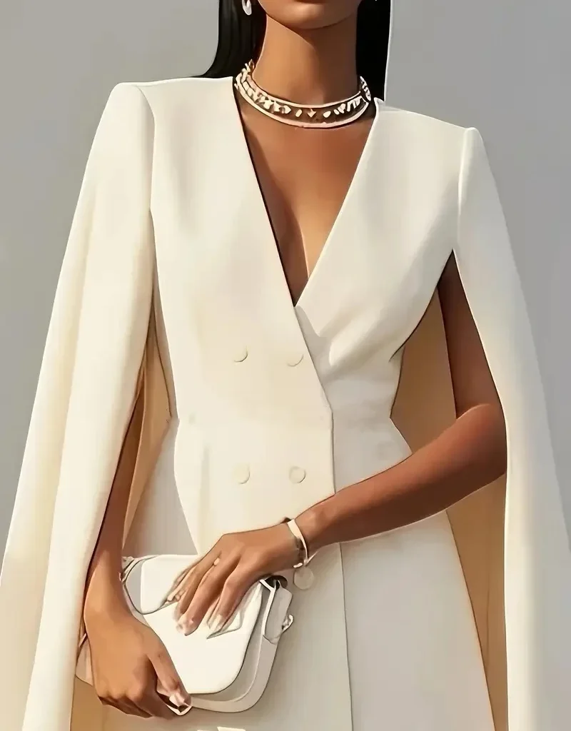 שמלת בלייזר יציבה לנשים בסגנון אופנתי למשרד עם שני כפתורים במותן, שמלת מסיבה אלגנטית עם מחשוף V ושרוולים קצרים באורך מידי (משלוח חינם)