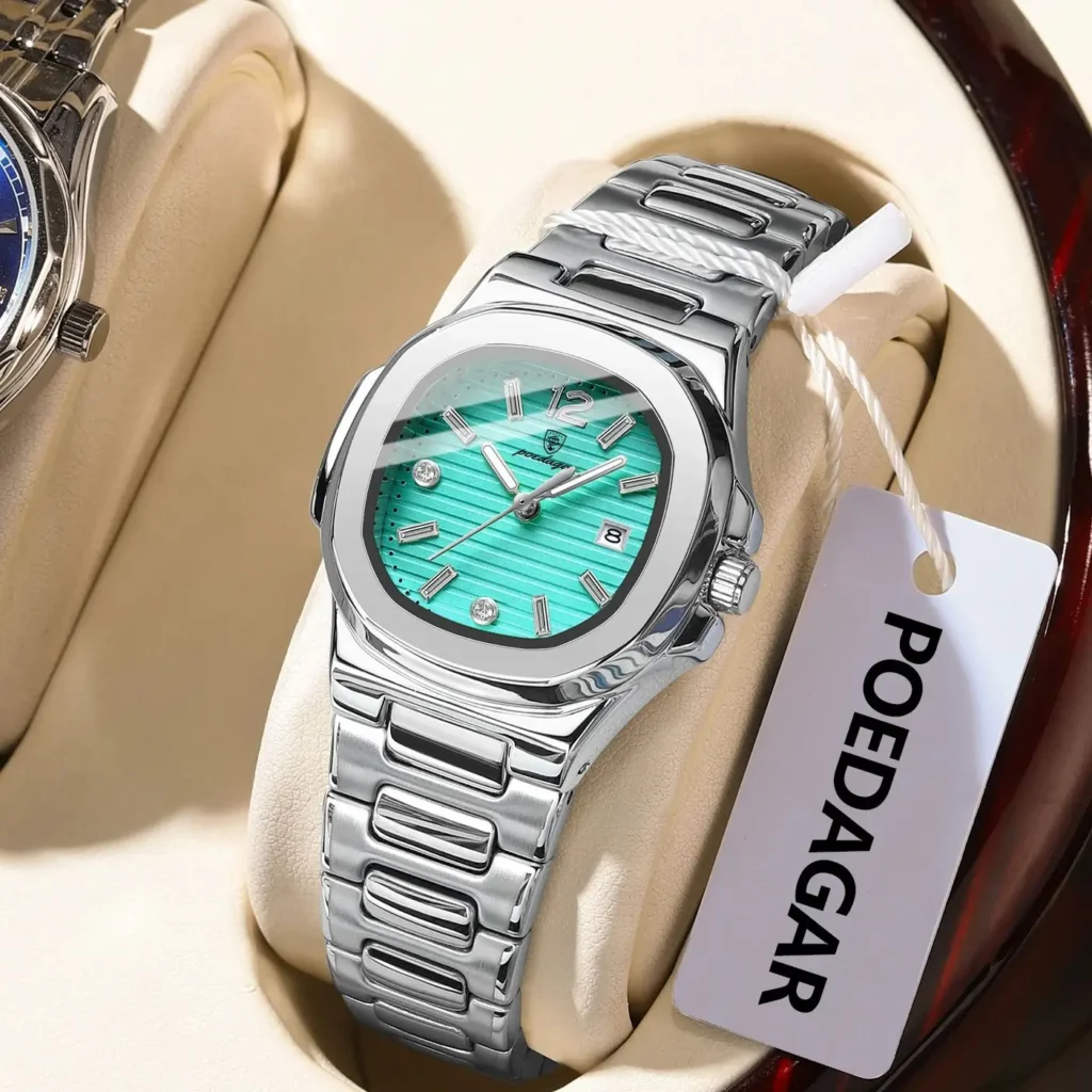 שעון יד נשים מרובע עם תאורה, עמיד למים, מפלדת אל-חלד (משלוח חינם)